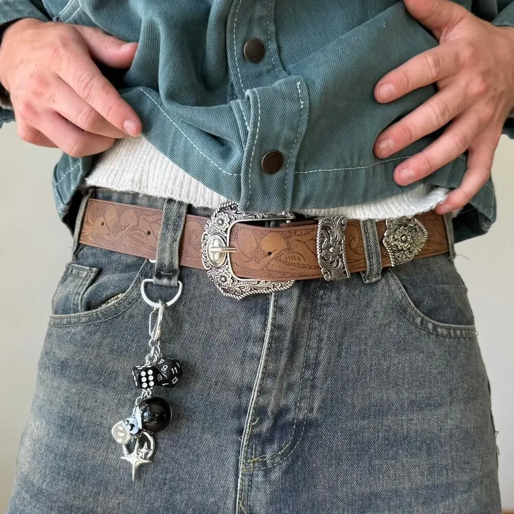 Y2K Brown Leather Belt Silver Buckle Adjustable Fit 26-36